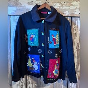 Onque Casuals Christmas Winter Button Up Cardigan Size XL Black Tree Buttons